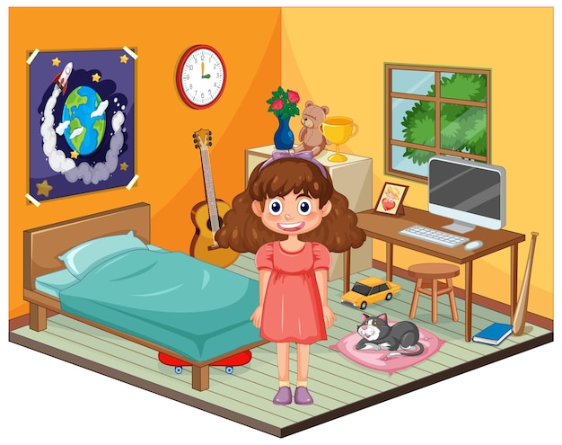 Free vector cheerful girl in her colorful bedroom