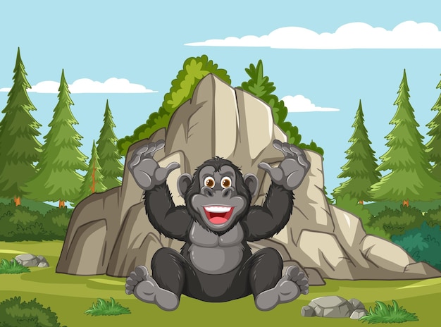 Cheerful gorilla in a forest clearing