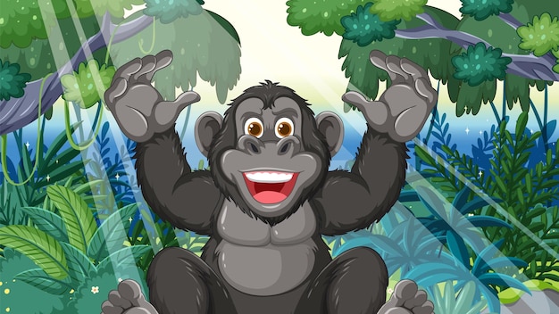cheerful gorilla in lush jungle