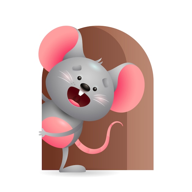 Веселая серая мышь выглядывает из дыры