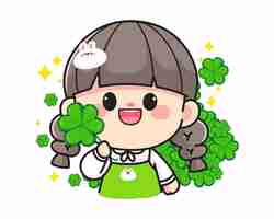 Free vector cheerful happy cute girl holding clover leaves logo hand drawn cartoon art illustration