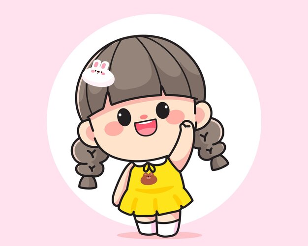 Cheerful happy cute girl waving raised hand to say hello logo hand drawn cartoon art illustration