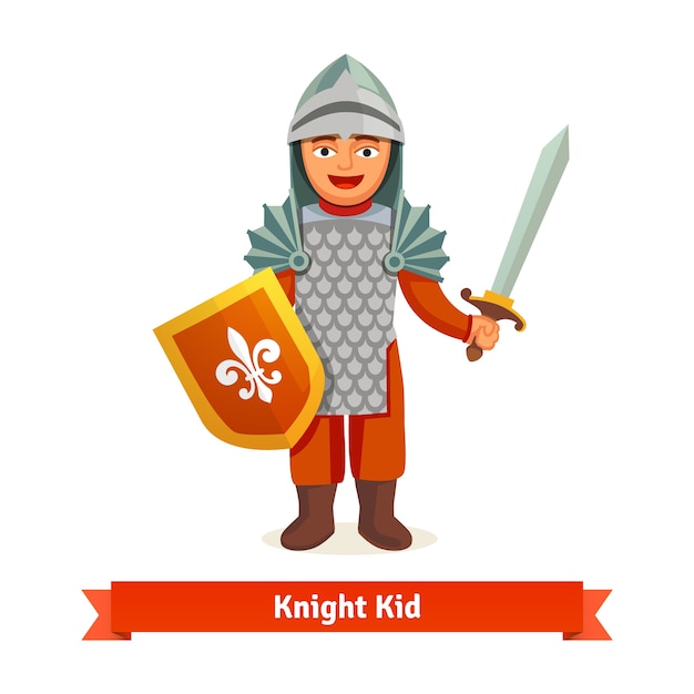 Free vector cheerful kid in knights armour with helmet