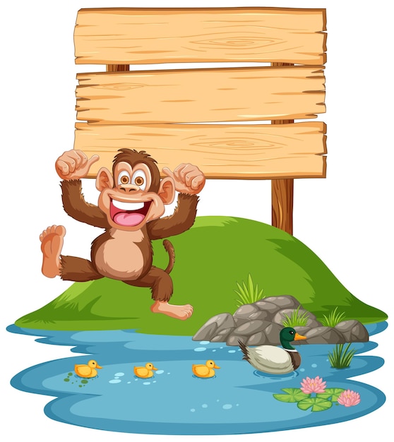 Free vector cheerful monkey by the wooden sign