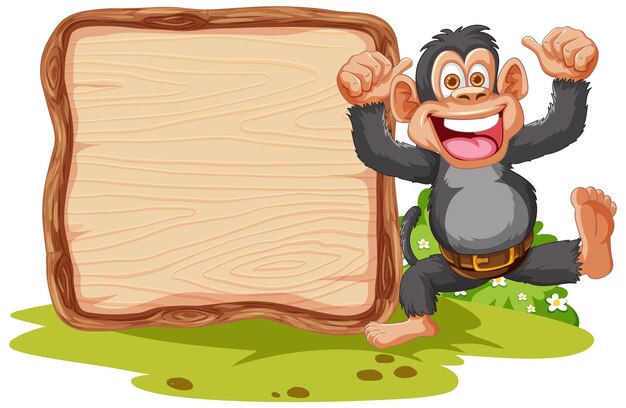 Cheerful Monkey with Blank Wooden Sign