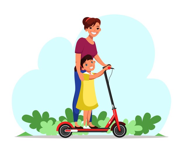 Free vector cheerful mother teaches daughter rides to scooter in city park outdoor parents and children playing spend time together concept