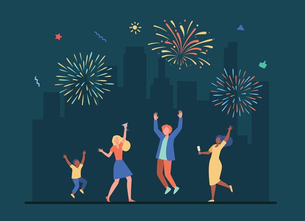 Free Vector cheerful people celebrating with colorful salute. cartoon illustration