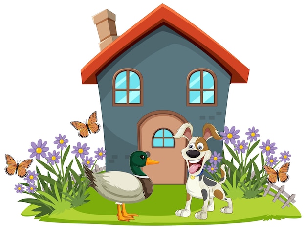 Free vector cheerful pets outside quaint house