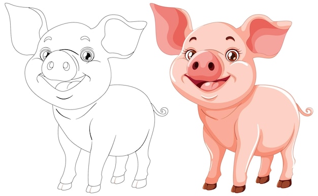 Free vector cheerful pig before and after coloring