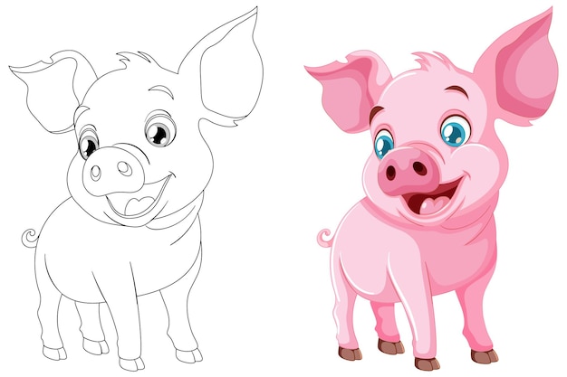 Free vector cheerful pig before and after coloring