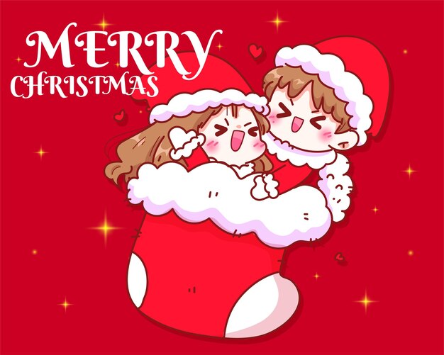 Cheerful santa claus Couple celebration on christmas holiday hand drawn cartoon art illustration