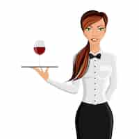 Vettore gratuito cameriere di ristorante sexy allegro ragazza con vassoio e bicchiere di vino isolato su sfondo bianco illustrazione vettoriale