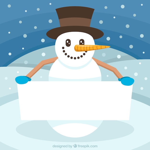 Cheerful snowman with blank sign