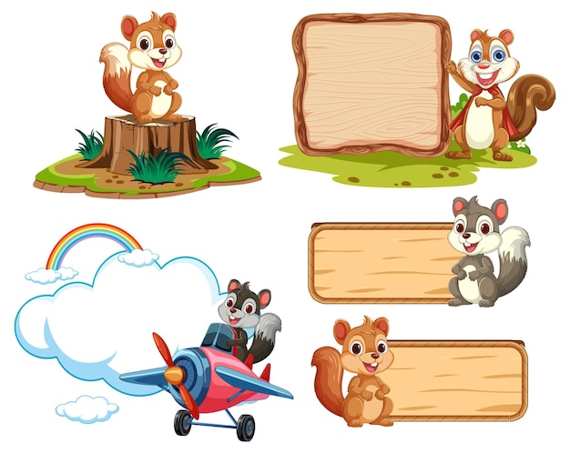 Free vector cheerful squirrels with blank banners