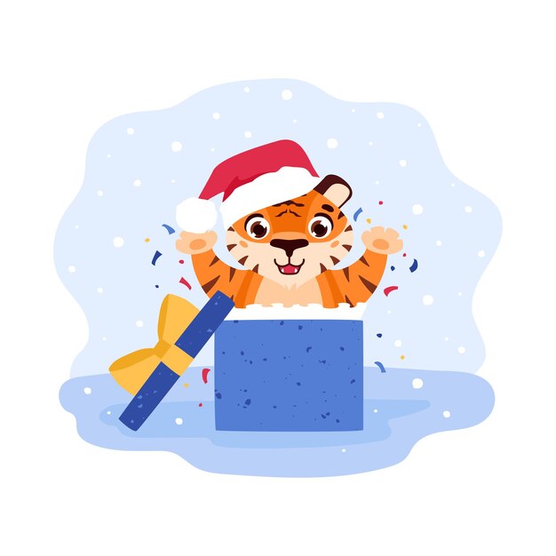 A cheerful tiger jumps out of a gift box around confetti 2022 chinese new year cartoon animal