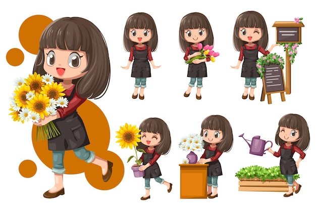 無料ベクター 「花の花束を持っているエプロンの陽気な若い女性の花屋