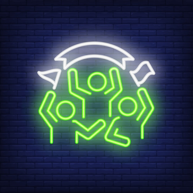 Cheering fans on brick background. neon style illustration. match, game, spectators.