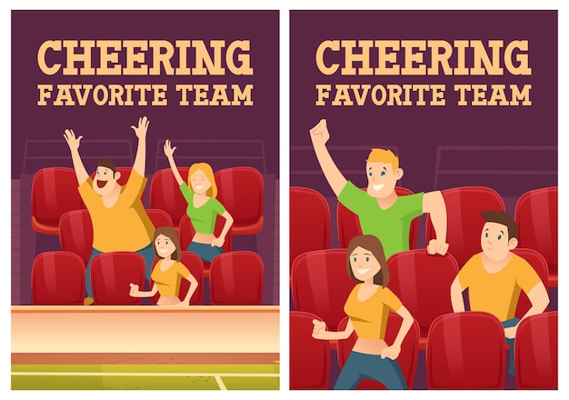 Cheering favorite team posters with people on stadium with red chairs. vector banners of sport fan group with cartoon illustration of match audience on court, men and women cheer and support game team