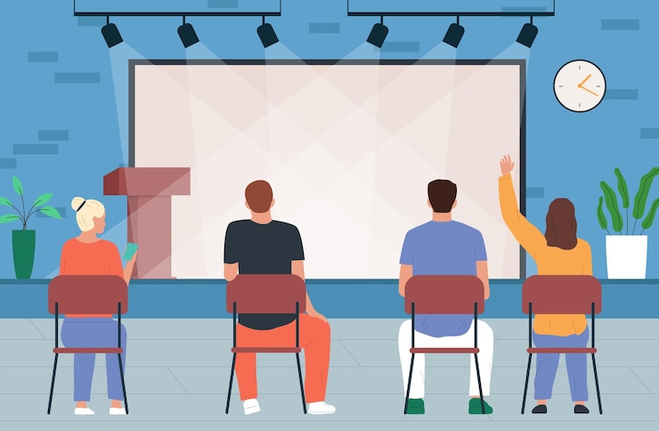 Free Vector cheering people back conference flat composition four people sit facing an empty stage and wait for the speaker vector illustration