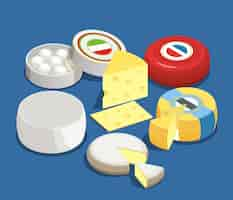 Free vector cheese assortment isometric concept set of mozzarella maasdam brie and other sorts of cheese