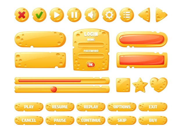 Cheese game ui buttons, cartoon menu interface