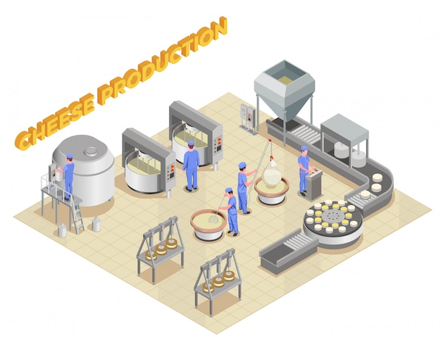 Free vector cheese production isometric composition with elements of factory equipment and staff working in manufacturing process