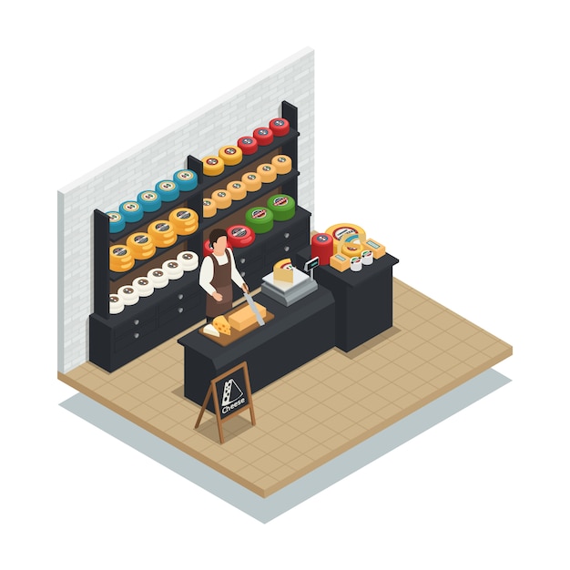 Free vector cheese seller isometric composition