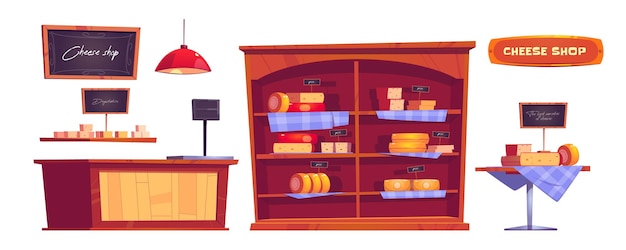 Free vector cheese shop products and interior stuff, store with varieties of dairy or milky production on shelves