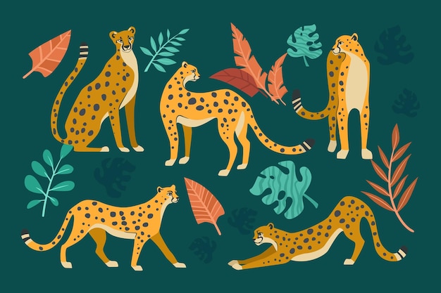 Cheetahs in different poses cartoon illustration set. seamless\
pattern with leopards or jaguars with tropical leaves and plants\
isolated on dark green background. wild animal, cat, jungle\
concept