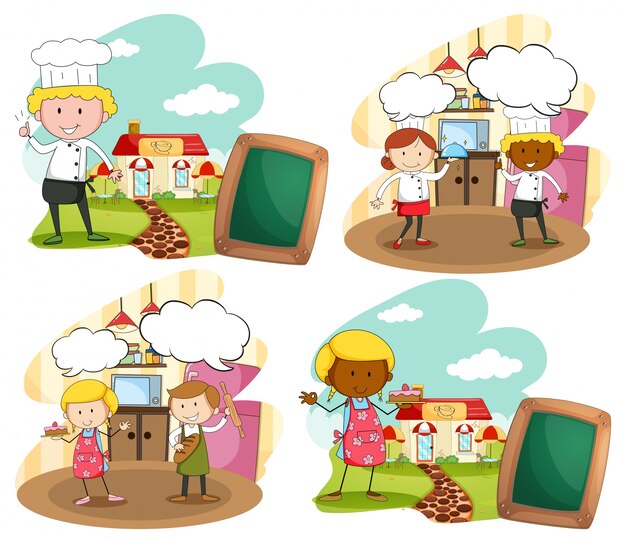 Chef and bakers at the workplace illustration