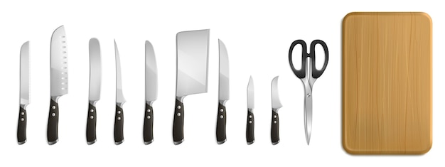 요리사와 정육점 칼, 도마, 요리용 가위. 3d 주방 도구, 날카로운 칼날과 검은색 손잡이가 있는 금속 칼, 고기 및 나무 판자를 위한 도끼의 벡터 현실적인 세트