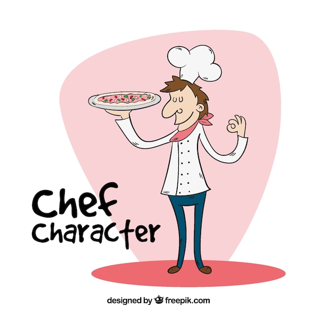 Chef character with delicious pizza in hand-drawn style