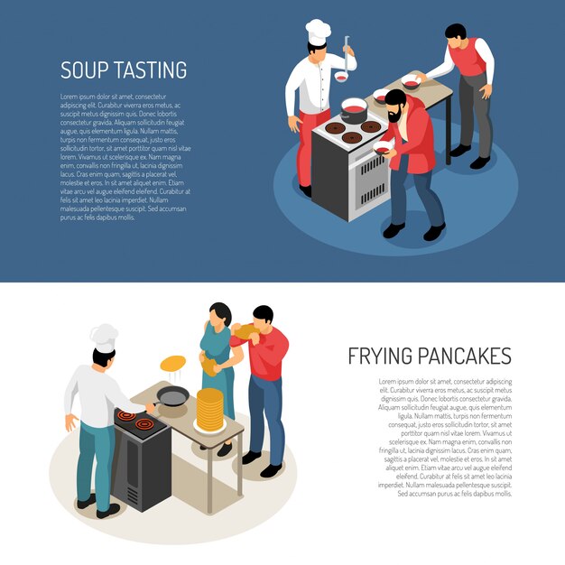 Chef cook food preparation duties, isometric horizontal banners with frying pancakes soup taste checking vector illustration