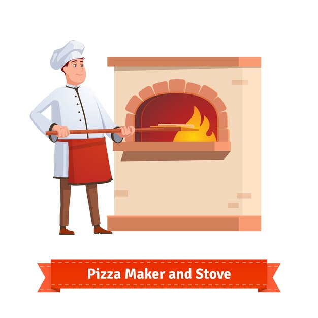 シェフの調理は、レンガの石の炉にピザを置く
