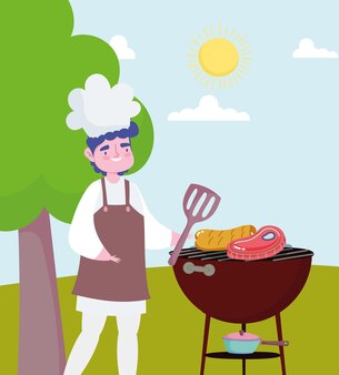 グリルソーセージを持っているかわいいバーベキューシェフの男の子 漫画のキャラクターとロゴのイラスト プレミアムベクター グリルソーセージを持っているかわいいバーベキューシェフの男の子 漫画のキャラクターとロゴのイラスト プレミアムベクター