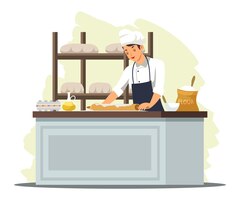 Chef holding rolling pin to make pastry dough for cookie cake or bread female character cooking food for restaurant or cafe menu at kitchen table woman in uniform and apron working