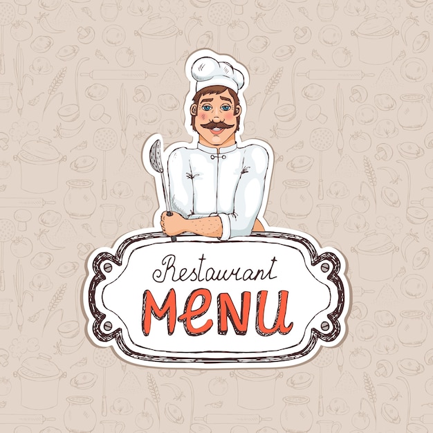 Cucchiaio della holding del cuoco unico sull'illustrazione del disegno del menu del ristorante per la copertura o la pubblicità