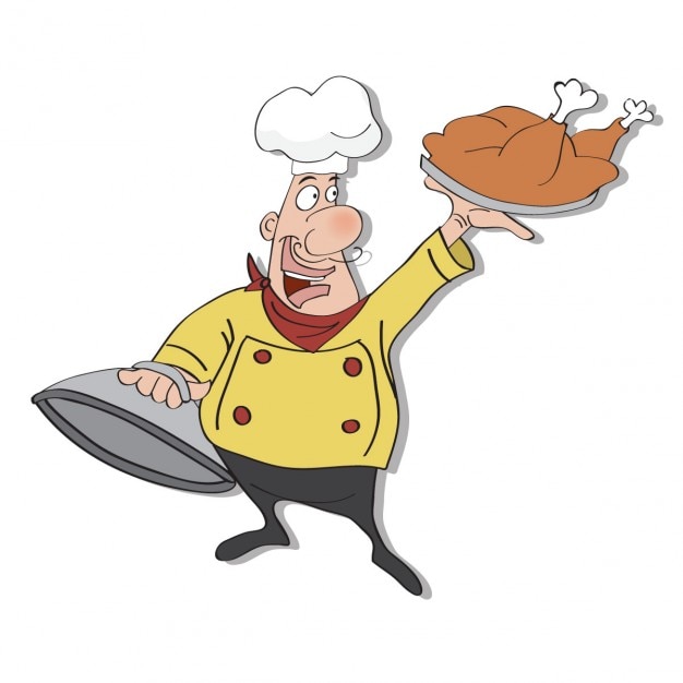 Cuoco divertente cartone animato con vassoio di cibo in mano illustrazione vettoriale