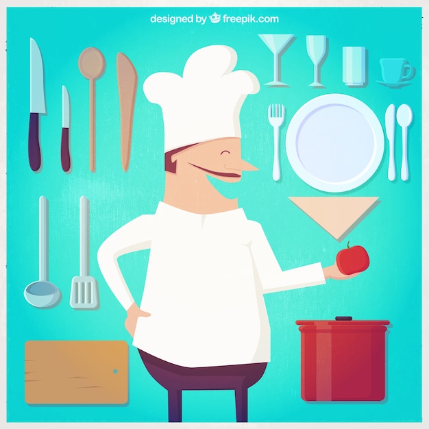Шеф-повар иллюстрации и кухонная утварь