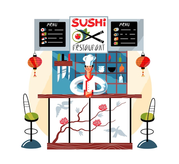 Free vector chef at japanese sushi restaurant counter young man welcoming customers in cafe asian traditional cuisine modern interior design with stools menu lanterns