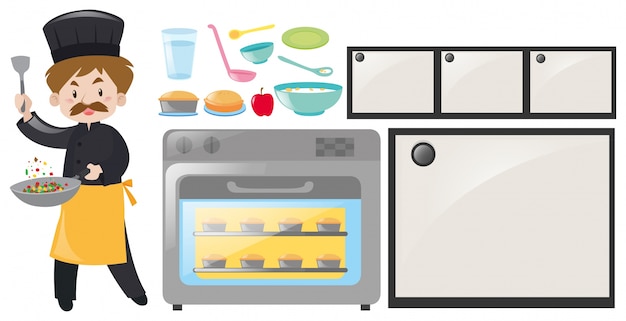 Free vector chef and kitchen equipment set