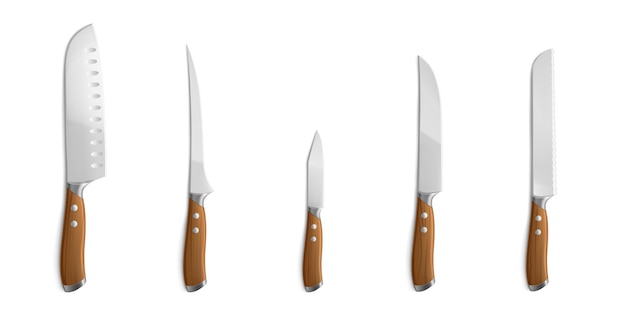 食品の調理、切断、彫刻用のシェフナイフ。鋼の鋭い刃と木製のハンドルを備えたキッチンツール。白い背景で隔離の3D金属ナイフの異なるタイプのベクトルの現実的なセット