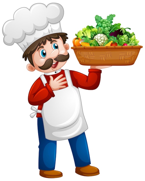 Free vector chef man holding vegetable bucket cartoon character isolated