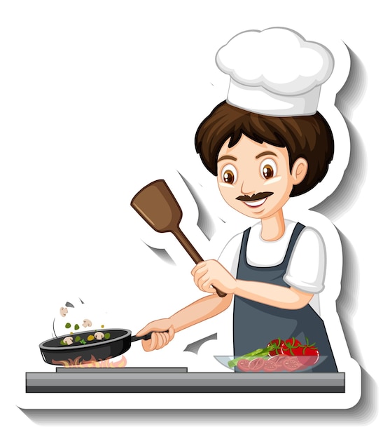 A chef man with chocolate in a bowl cartoon sticker