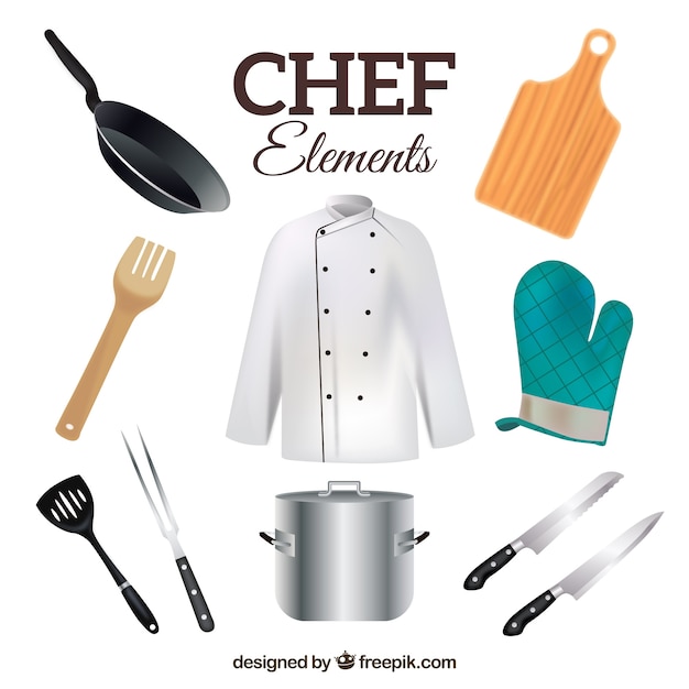 Chef uniforme con oggetti realistici della cucina