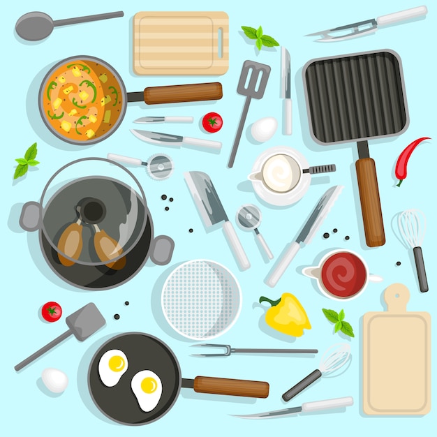 Free vector chef workplace top view set