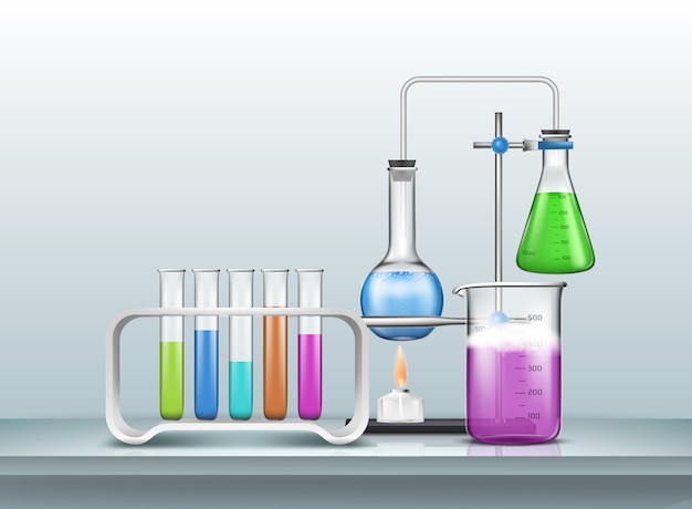 Химический, биологический исследовательский эксперимент или тест с лабораторной стеклянной посудой, заполненной цветными реагентами