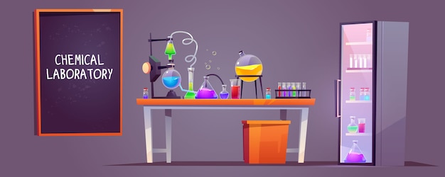 Free vector chemical laboratory interior with glass flasks