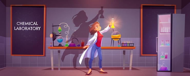 Free Vector chemical laboratory interior with scientific equipment, glass flasks, tubes and beakers