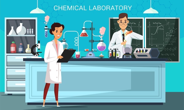 Free vector chemical laboratory with male and female scientists teacher and student in classroom chemists making experiments in medical and scientific lab